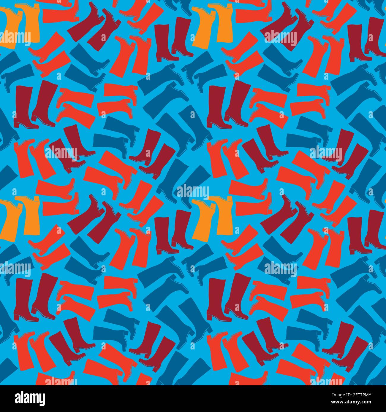 Seamless texture, pattern on a square background - shoes of different colors. Rubber or leather boots. Illustration. Styling on the theme of fashion a Stock Vector
