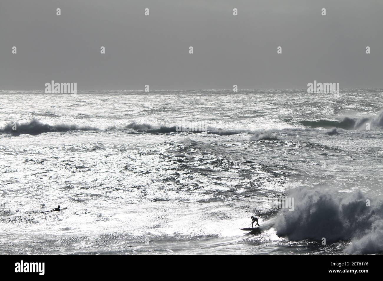 Surfer surfing a giant and sparkling wave in Coogee Australia Stock Photo