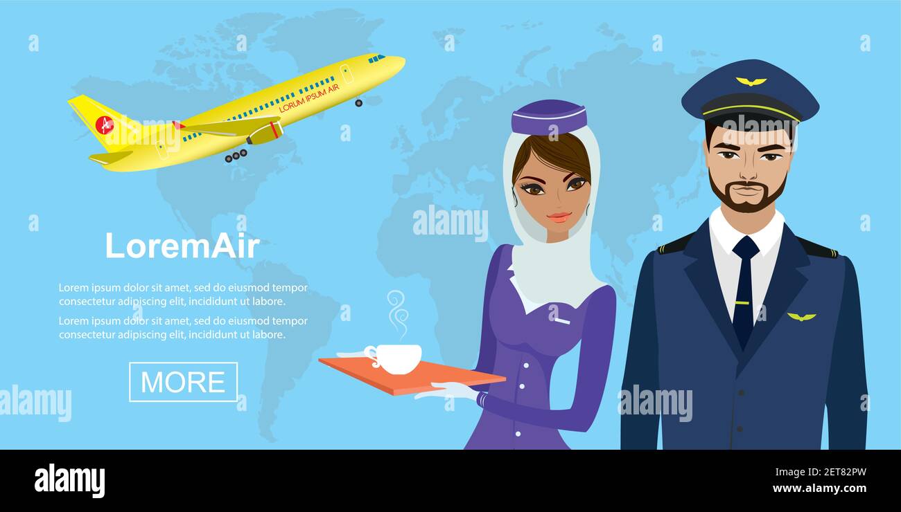 Plane takes off, Arabic male pilot and woman stewardess,air transport ...