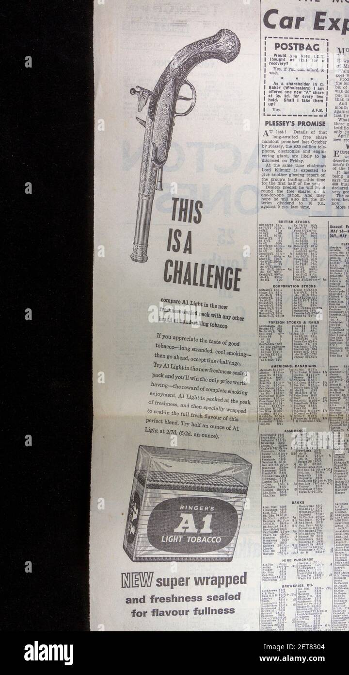 ringers a1 light tobacco tin Advert for Ringers A1 light tobacco for hand-rolling cigarettes in The  Evening News newspaper (Monday 27th April 1964), London, UK Stock Photo