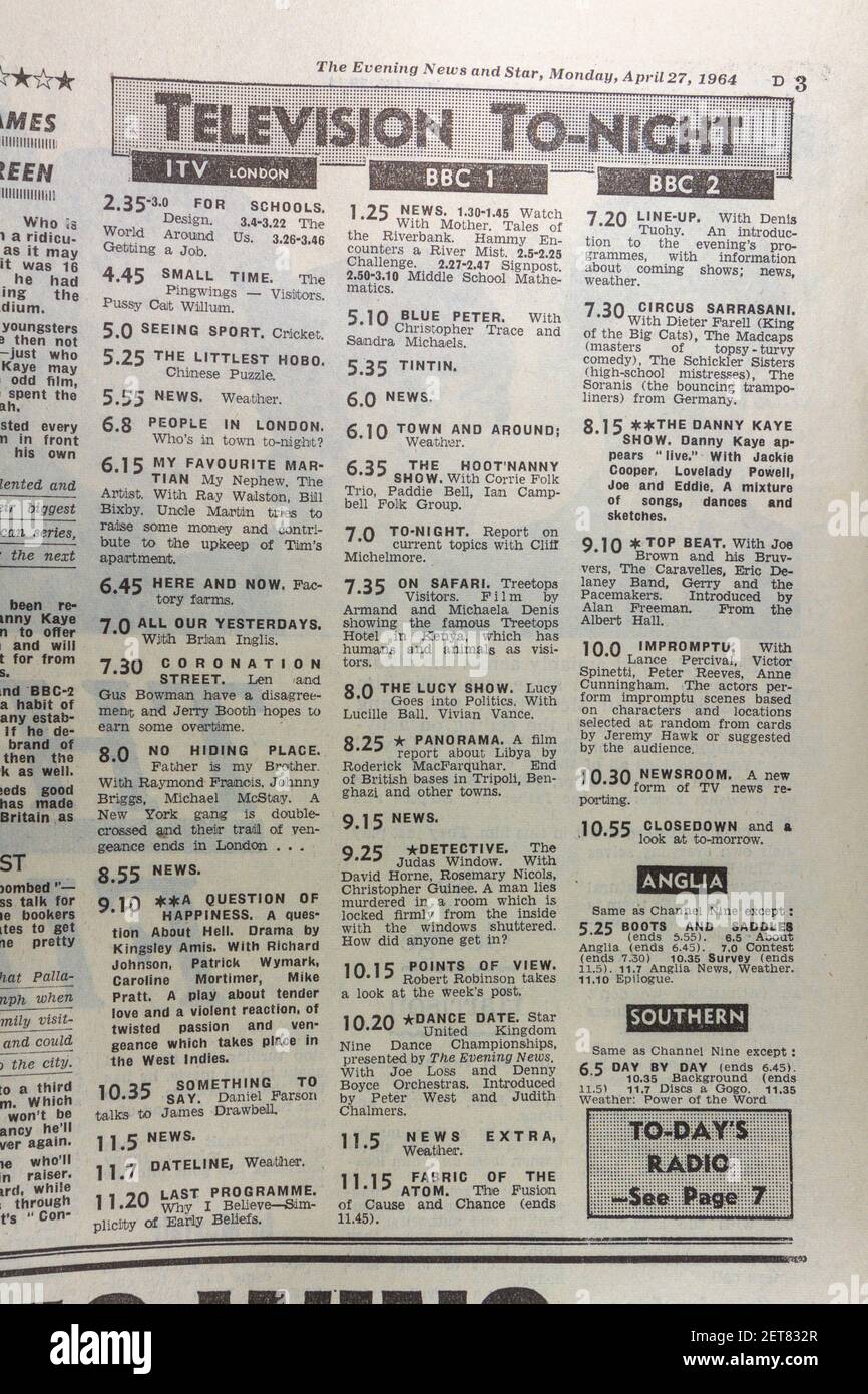 TV schedule "television tonight" of BBC1, 2 and ITV that evening of The  Evening News newspaper (Monday 27th April 1964), London, UK Stock Photo -  Alamy