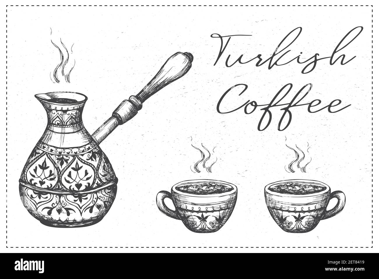 Ancient turk and coffee mugs on white background.Turkish Coffee text