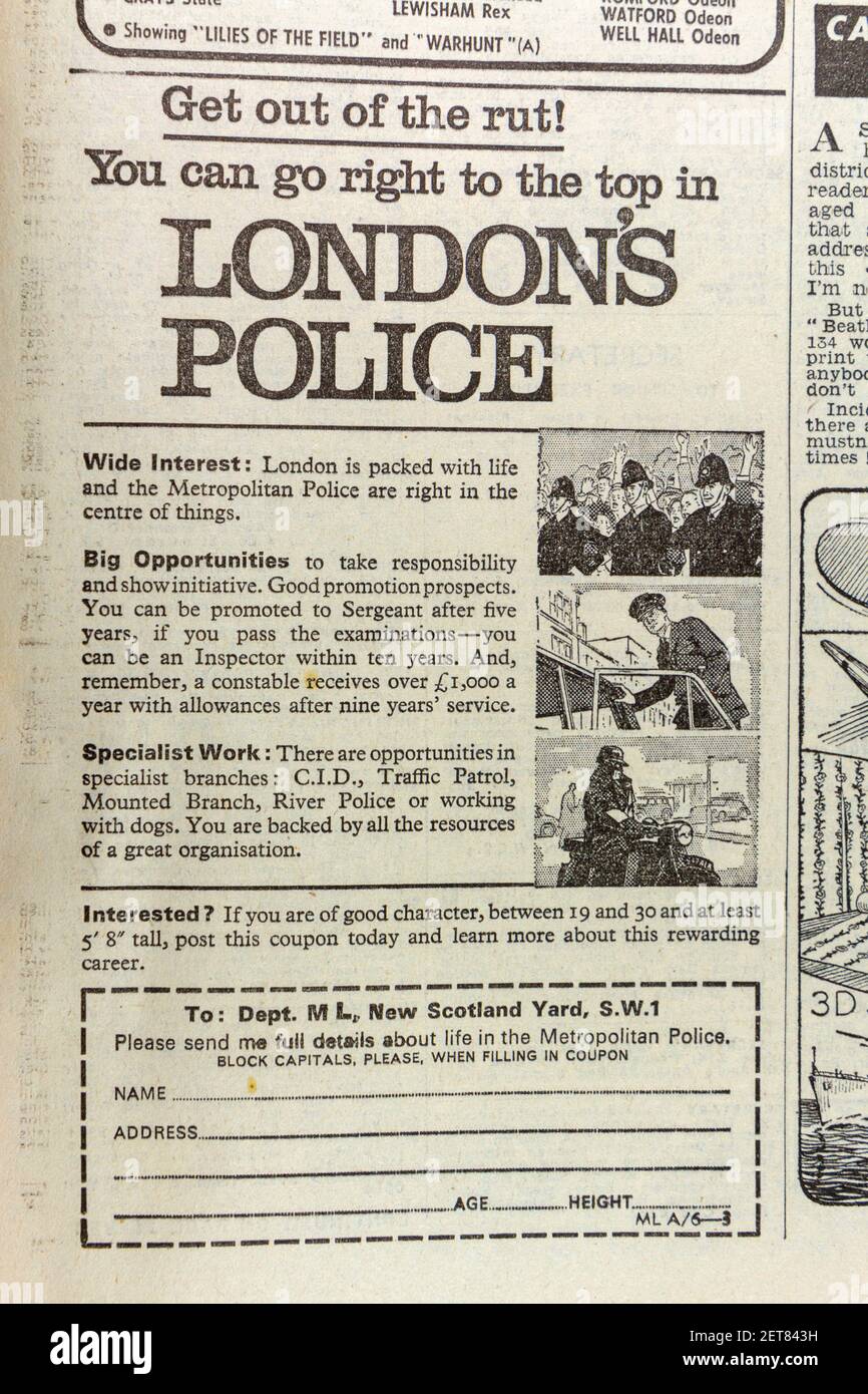 Advert for job opportunities for the Metropolitan Police in The Evening News newspaper (Monday 27th April 1964), London, UK. Stock Photo
