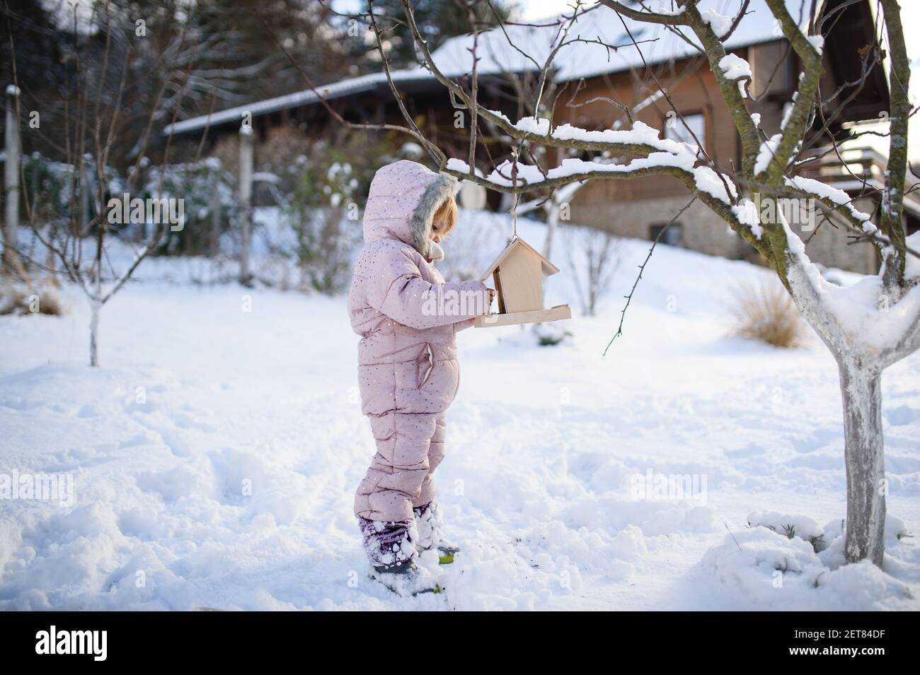 Small girl outdoors in winter garden, standing by wooden bird feeder. Stock Photo