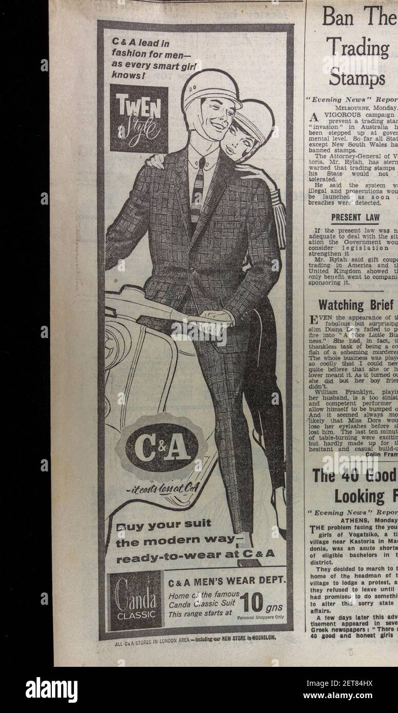 Advert for Twen Style C&A Men's Wear dept in The Evening News newspaper (Monday 27th April 1964), London, UK. Stock Photo