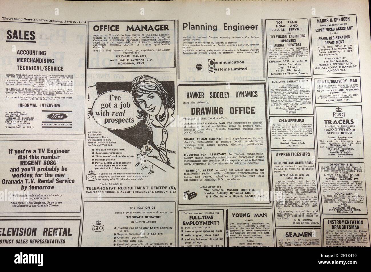 General view of job adverts in The Evening News newspaper (Monday 27th April 1964), London, UK. Stock Photo