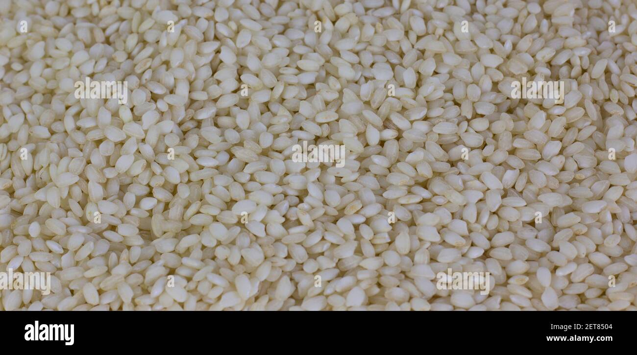 Uncooked arborio rice. Risotto rice on white background. Pile of