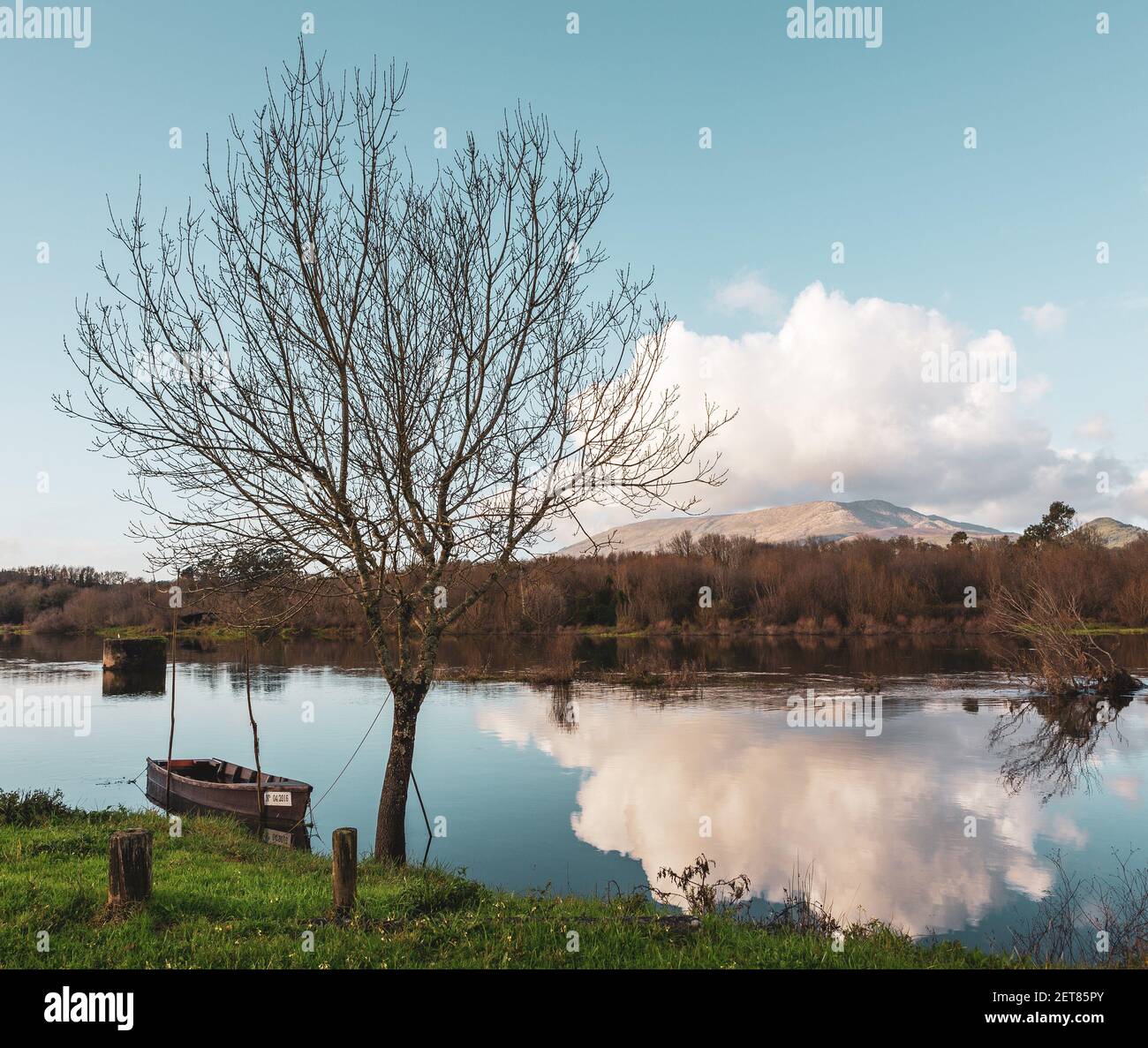 A beautiful calm lake with a wooden boat surrounded by trees under a ...