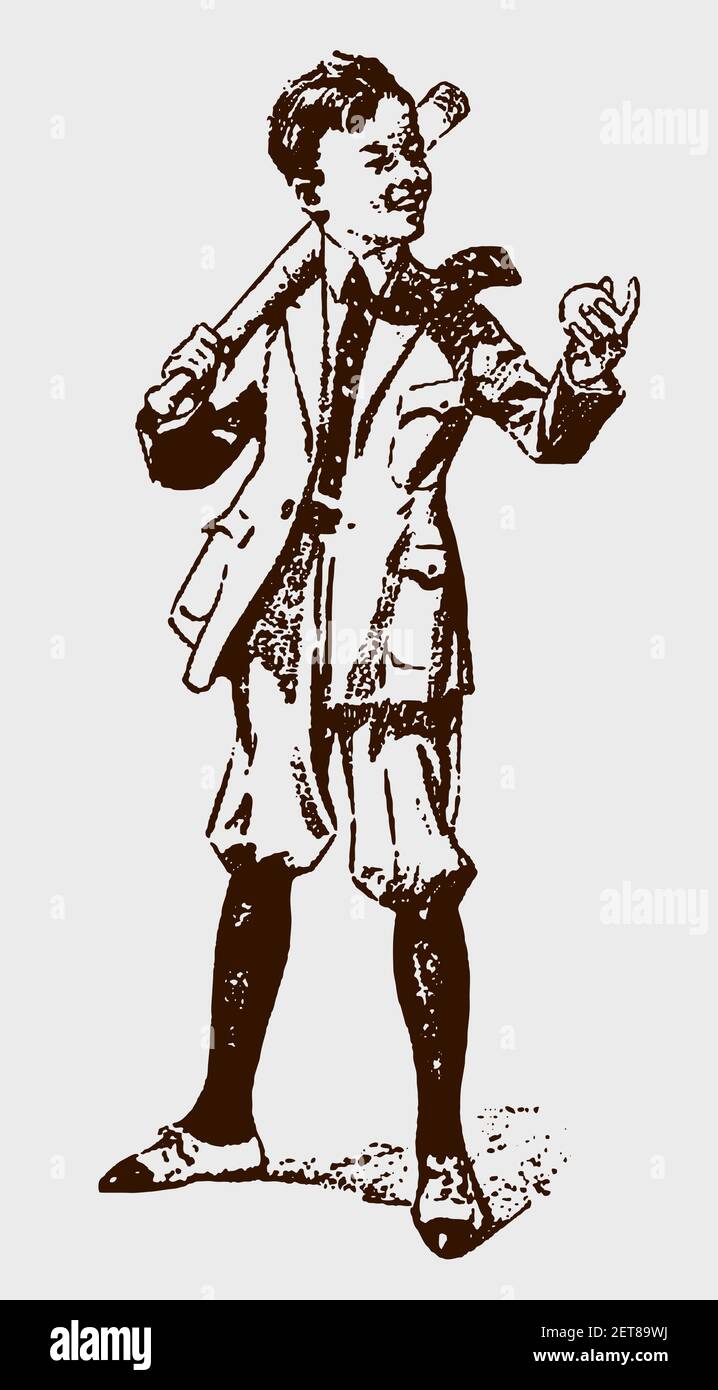 Smiling boy from the early 20th century wearing knickerbockers and holding baseball and bat Stock Vector