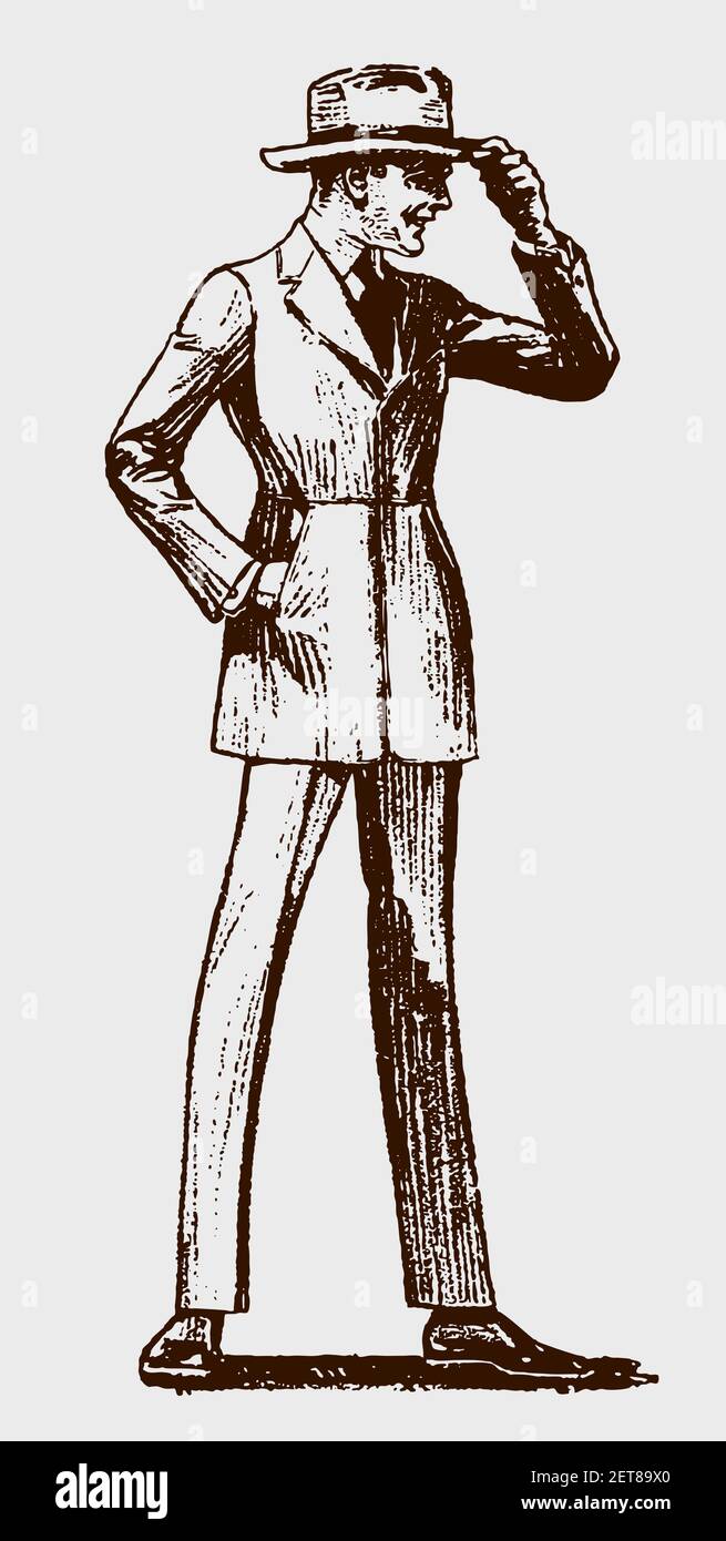 Standing young man from the early 20th century wearing suit and touching his hat Stock Vector