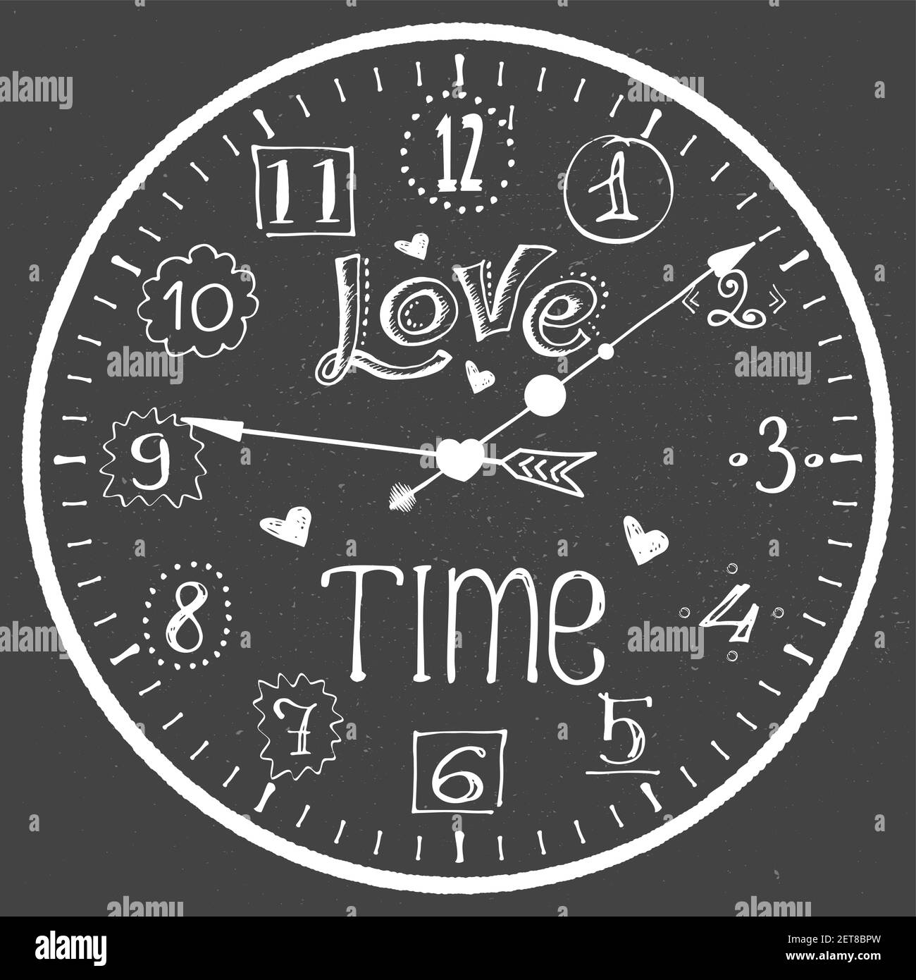 Hand drawn watch with love time lettering and hearts, break concept