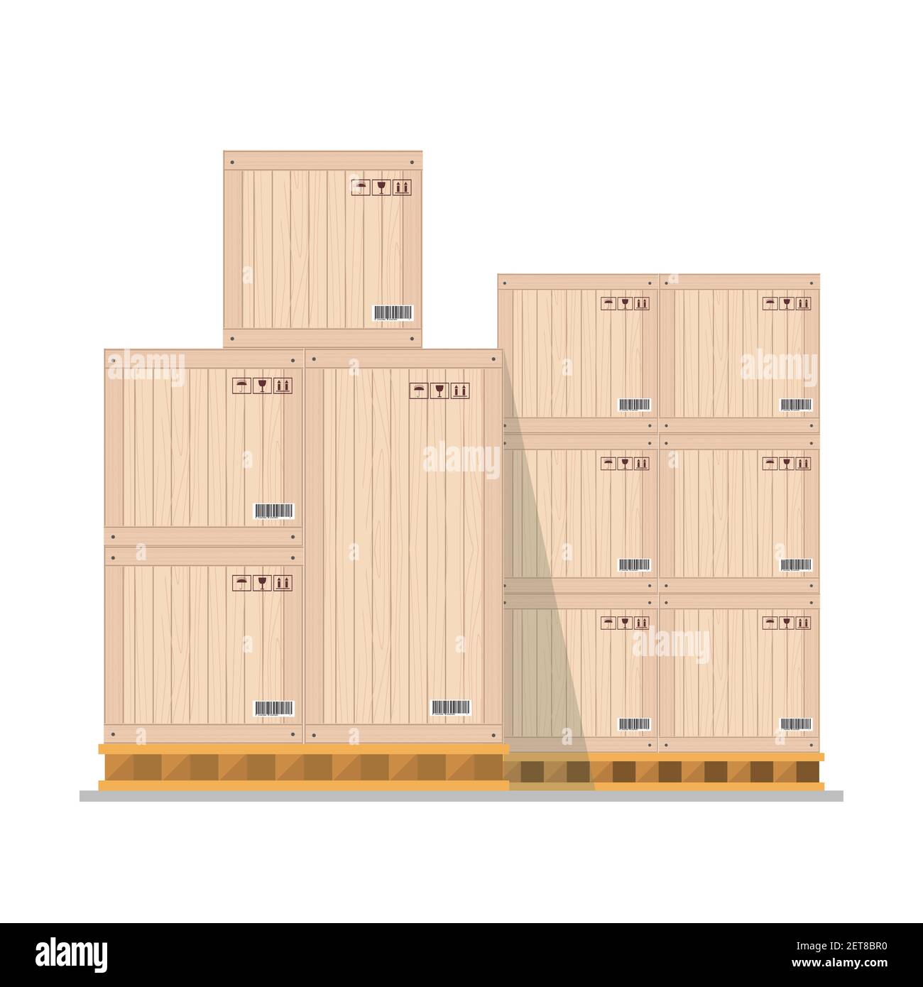 Boxes on wooded pallet,warehouse parcel wooden boxes stack front view,isolated on white