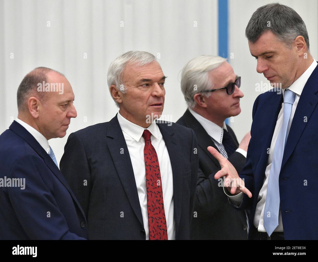 Meeting of Russian President Vladimir Putin with representatives of Russian business community in the Kremlin. Left to right: Dmitry Pumpyansky, Chairman of the Board of Directors of TMK Holding; Viktor Rashnikov, Chairman of the Board of Directors of Magnitogorsk Iron and Steel Works (MMK); Alexander Shokhin, Chairman of the Russian Union of Industrialists and Entrepreneurs (RSPP); and businessman Mikhail Prokhorov before the meeting. December 26, 2018. Russia, Moscow. Photo credit: Dmitry Dukhanin/Kommersant/Sipa USA  Stock Photo