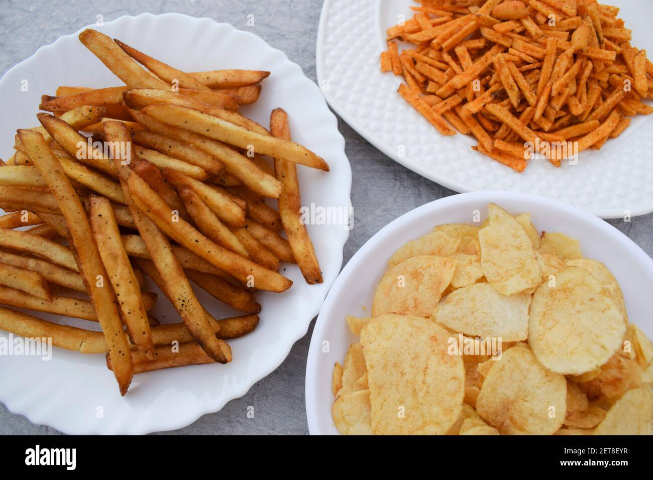 Indian fasting recipe items, Upawas food for navratri, maha shivratri, ekadashi also known as vrat ka khana. All made out of potatoes. Potato chips, f Stock Photo