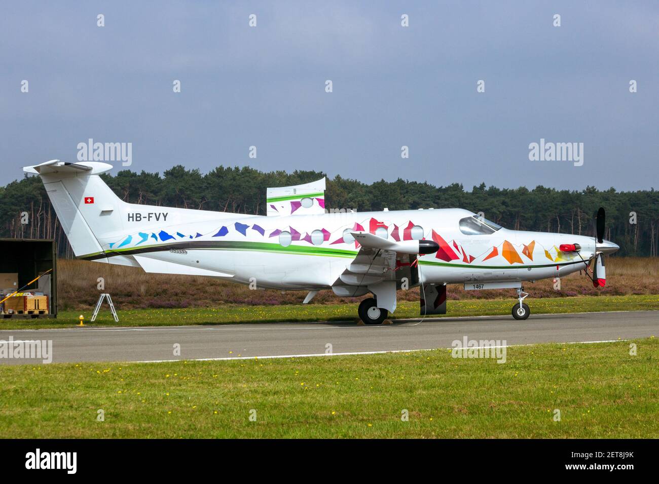 Pilatus PC-12 plane on the tarmac of Kleine-Brogel Air Base. Belgium - September 13, 2014 Stock Photo