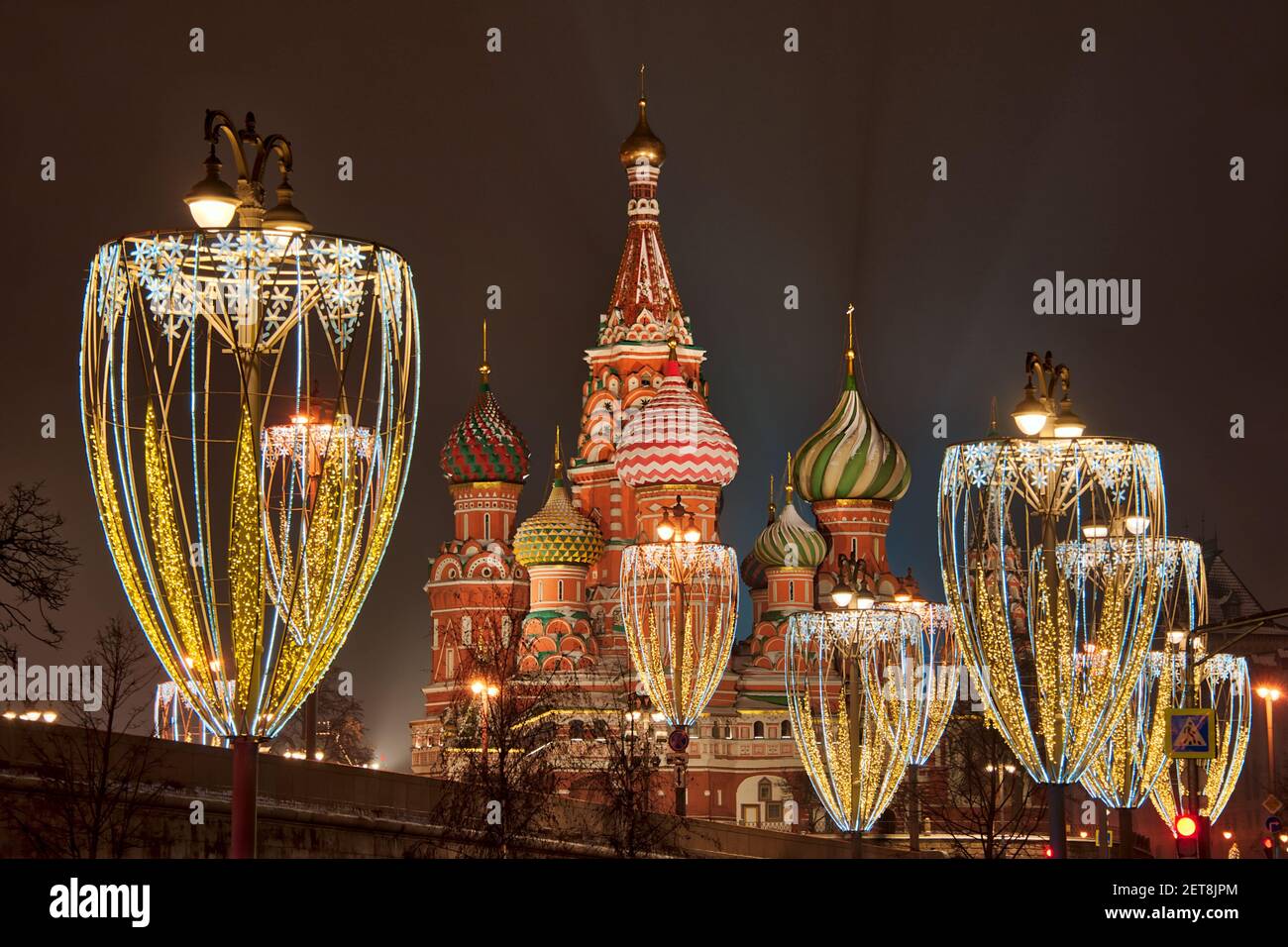 St. Basil’s Cathedral Framed by New Year Street Lights Stock Photo