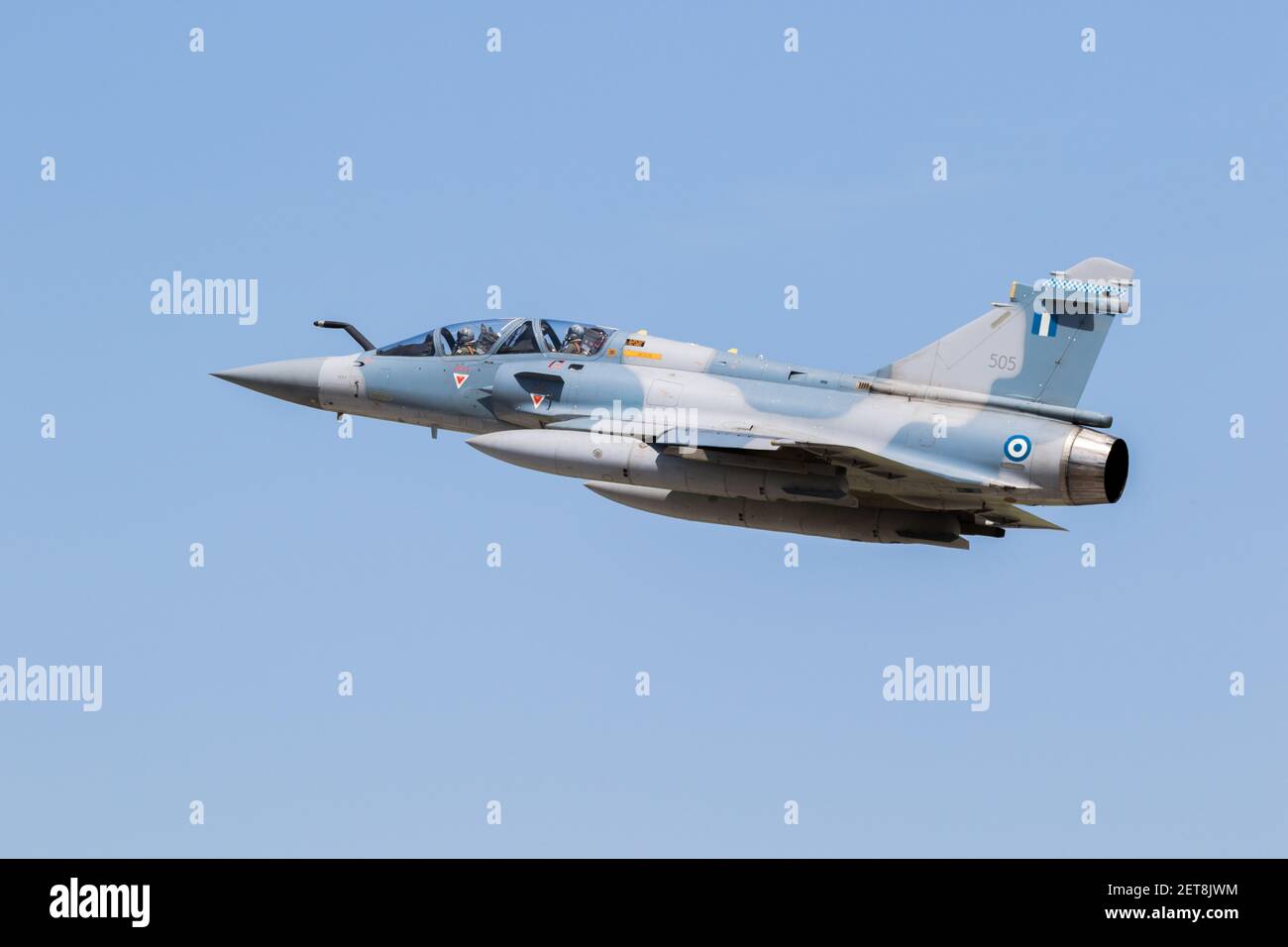 Hellenic Air Force Dassault Mirage 2000 fighter jet plane in flight over Larissa Air Base. Greece - May 4, 2017 Stock Photo