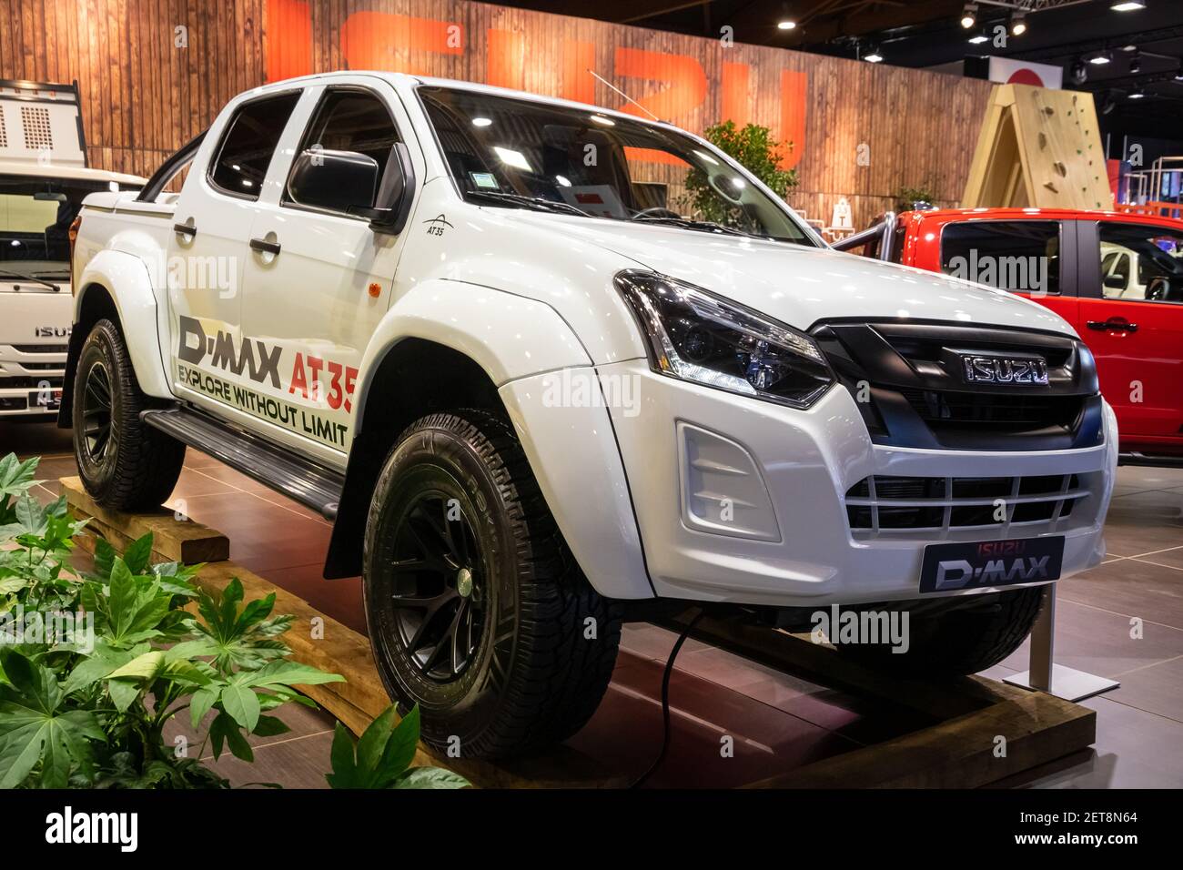 Isuzu D-Max AT35 Artic pick-up truck at the Brussels Autosalon Motor Show. Belgium - January 18, 2019. Stock Photo