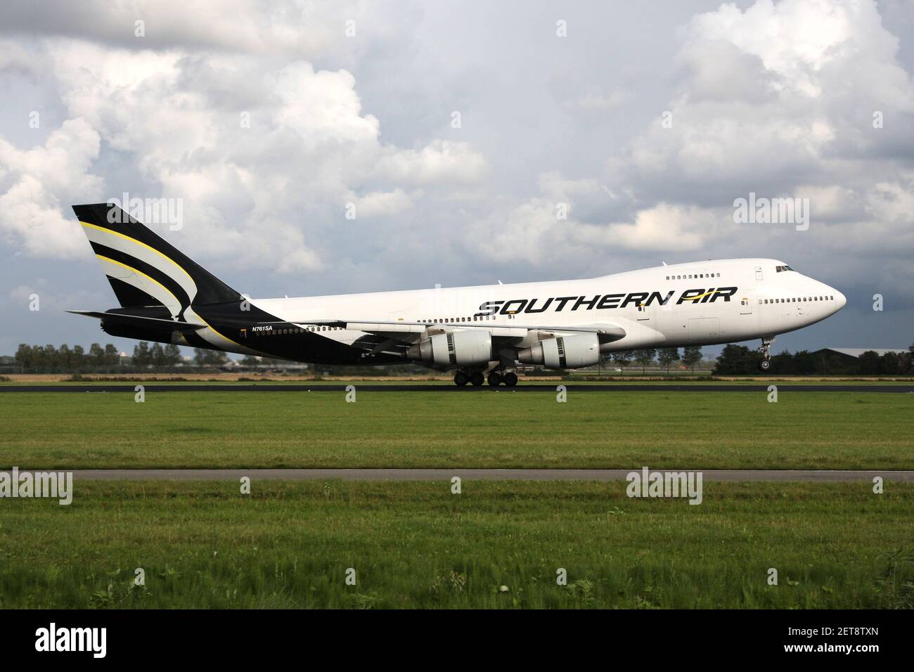 Southern Air Boeing 747-200F with registration N761SA just landed on runway 18R (Polderbaan) of Amsterdam Airport Schiphol. Stock Photo