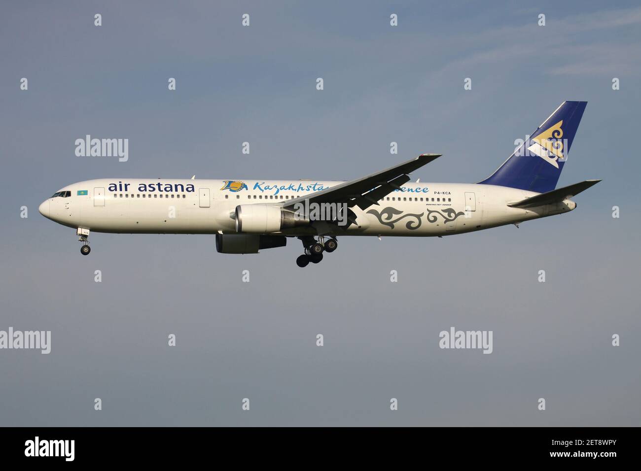Kazakh Air Astana Boeing 767-300 with registration P4-KCA on final for Amsterdam Airport Schiphol. Stock Photo