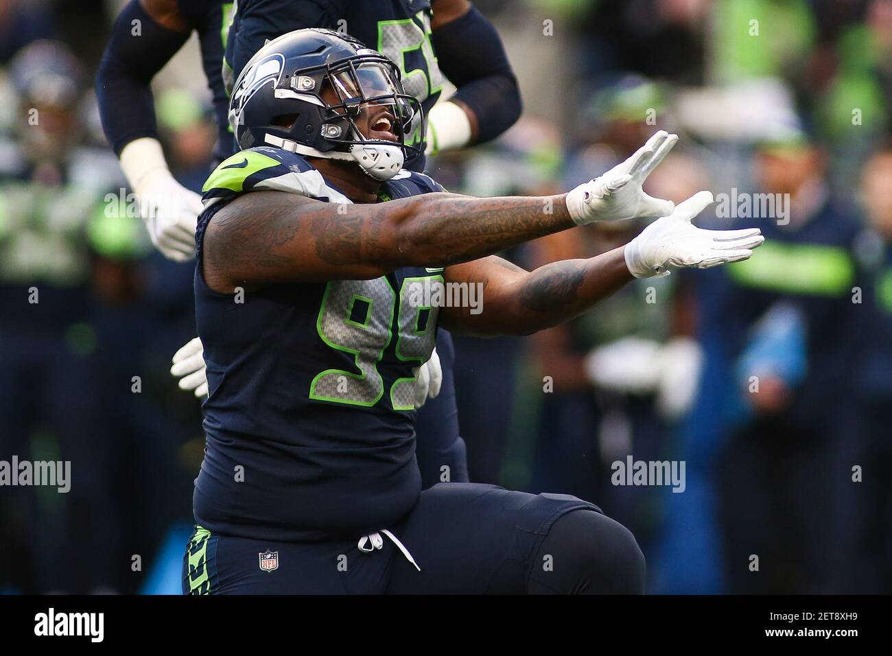 December 2, 2018: Seattle Seahawks defensive end Quinton Jefferson (99)  celebrates a defensive stop during a game between the San Francisco 49ers  and the Seattle Seahawks at CenturyLink Field in Seattle, WA.