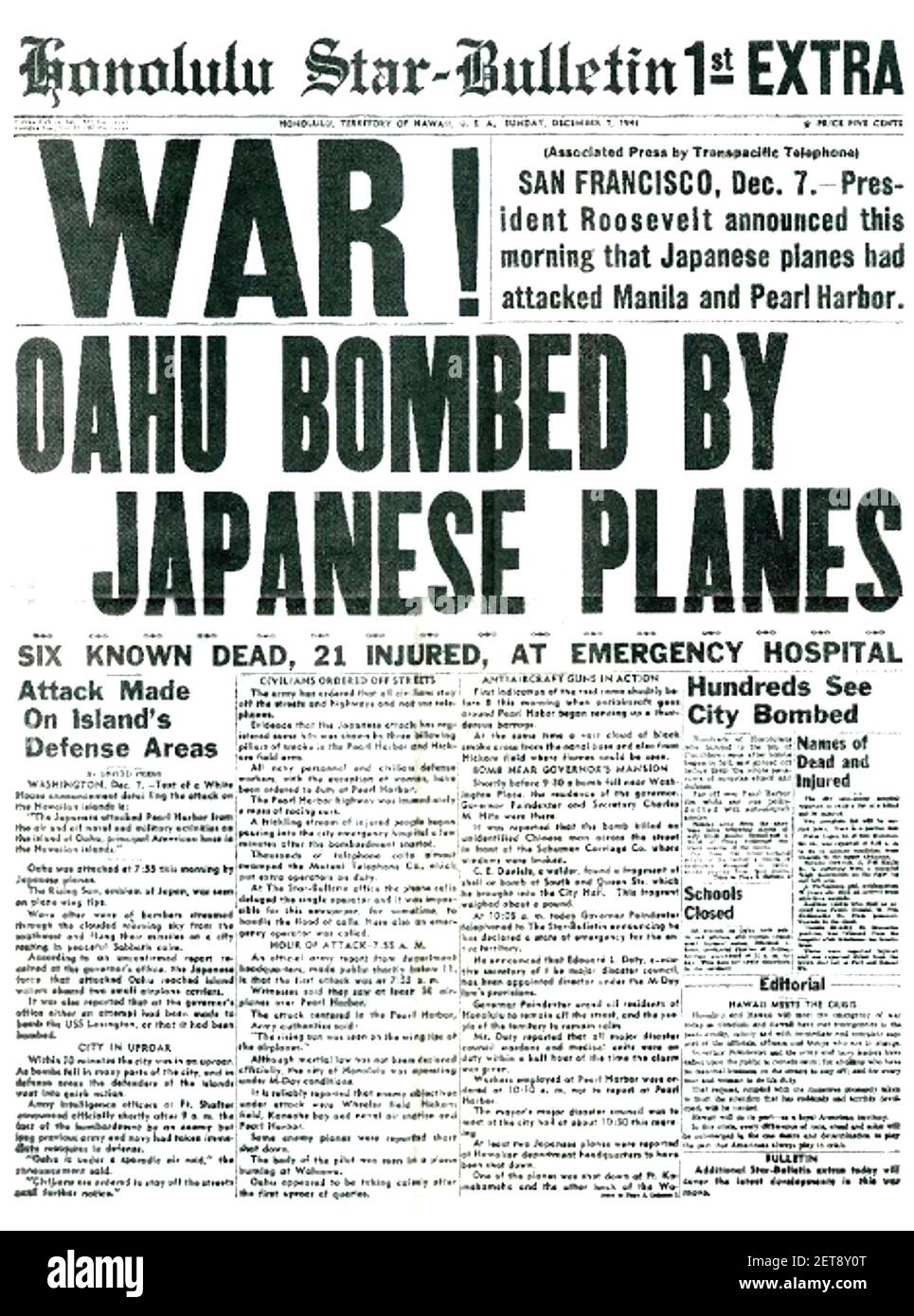 ATTACK ON PEARL HARBOUR on Aahu, Hawaii, 7 December 1941, as reported in the American press. Stock Photo