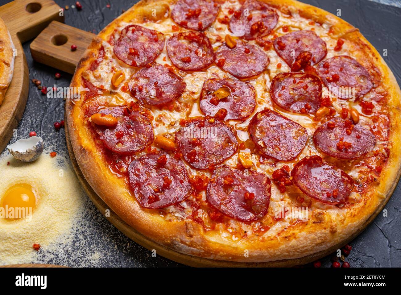 Pepperoni pizza on plate Stock Photo
