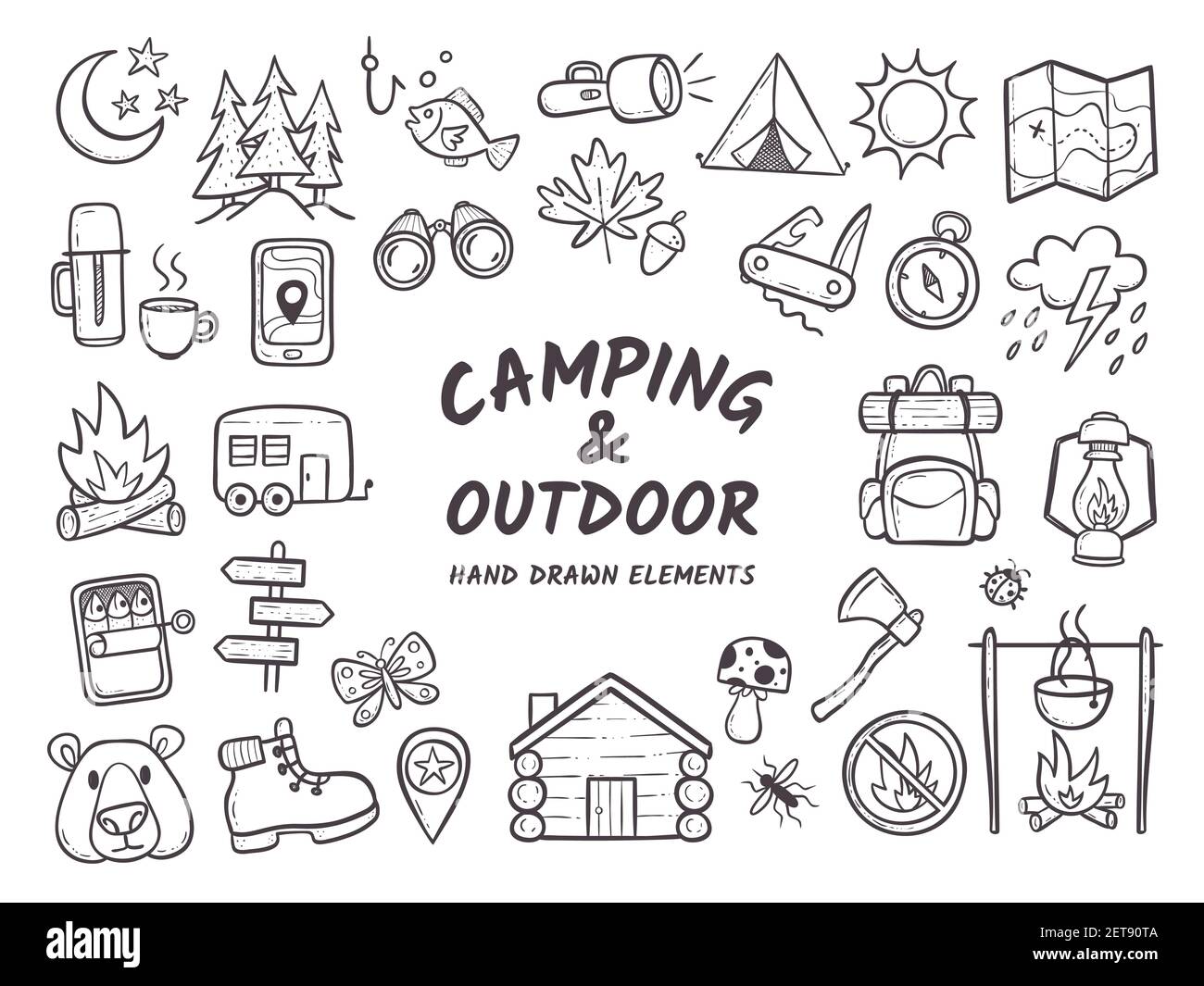 Hand drawn camping and hiking elements, isolated on white background ...