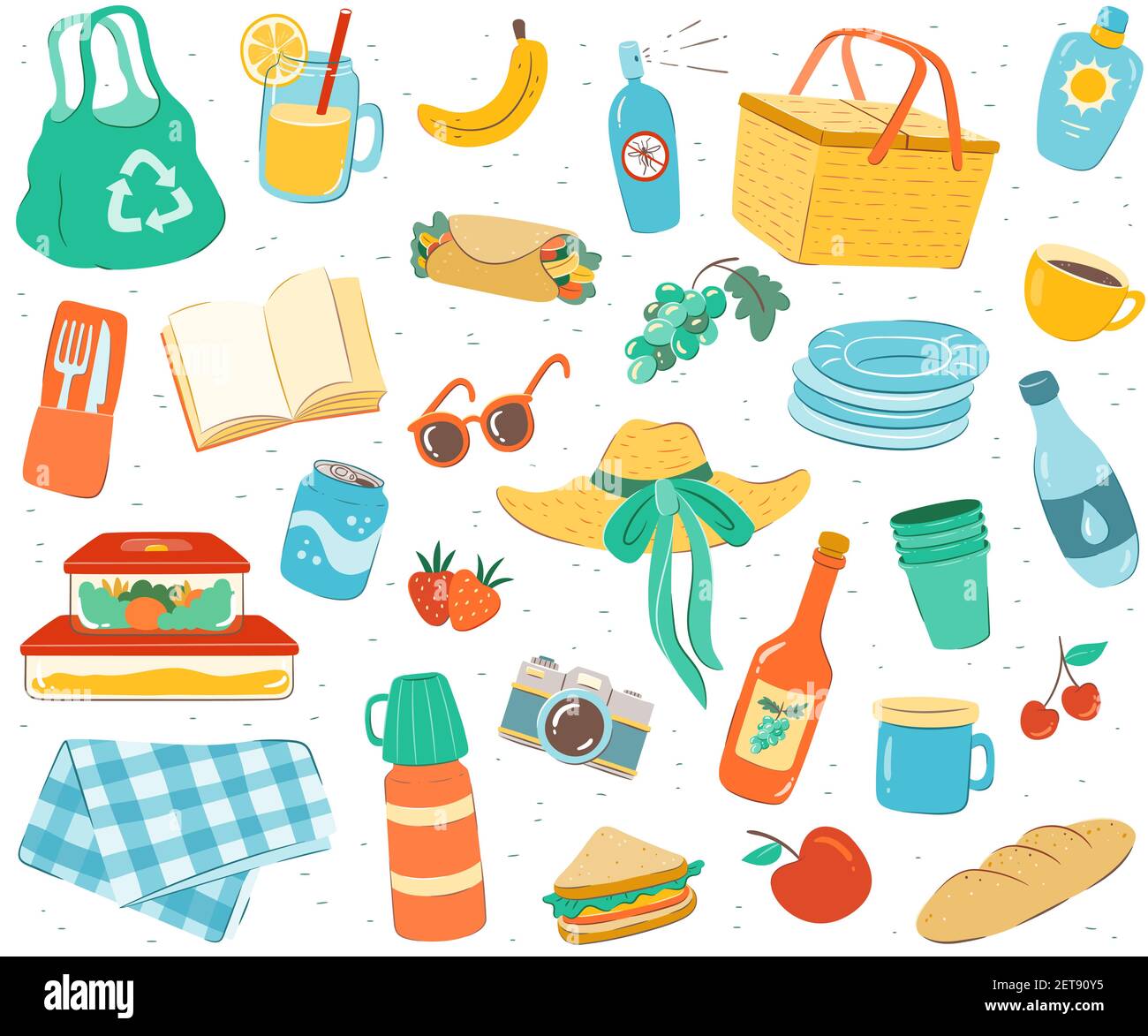 Picnic seamless pattern. Endless repeatable background with hand drawn picnic elements. Stock Vector