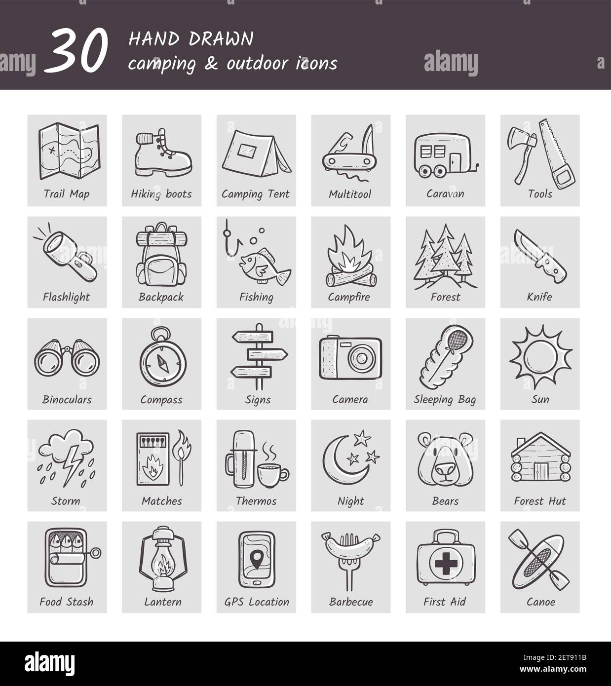 Collection of camping and hiking equipment icons. Hand drawn style. Each icon has his own description below: caravan, fishing, campfire, lantern, comp Stock Vector