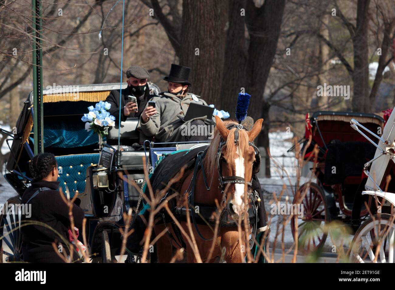 two horse carriage drivers wearing face masks sit in a carriage waiting for customers in Central Park, New York in the Winter with the horse Stock Photo