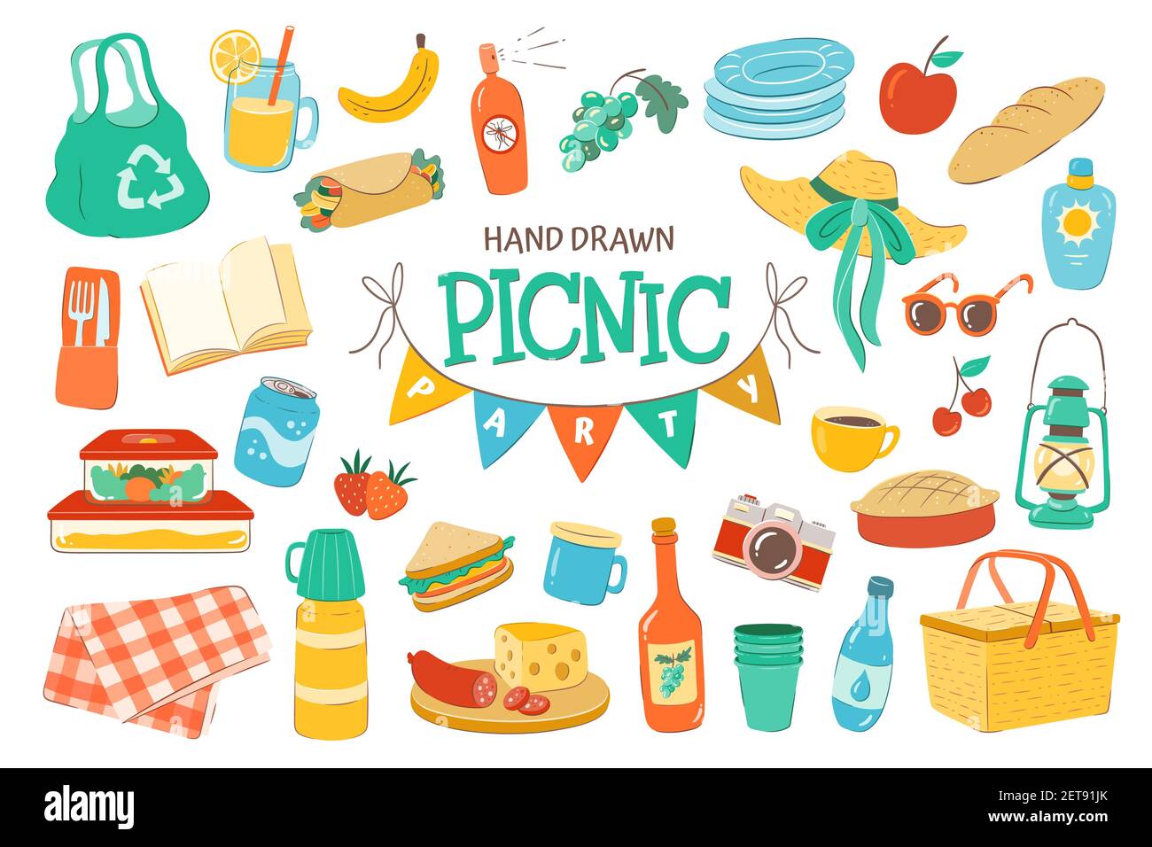 Set for a picnic day. Hand drawn picnic basket, drinks, thermos, cups