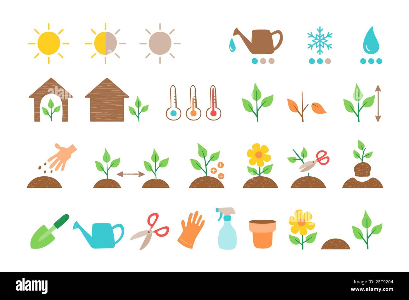 Plant icon set. Collection of icons for descripting the characteristics and needs of each type of plant. Colorful vector icons isolated on white backg Stock Vector