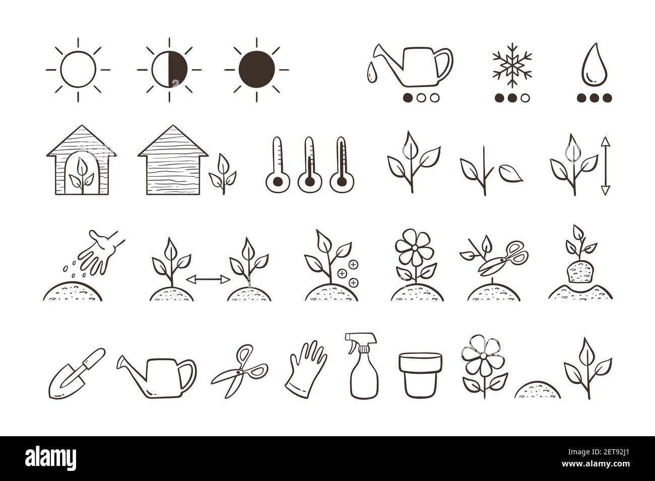 Plant icon set. Collection of icons for descripting the characteristics and needs of each type of plant. Doodle vector icons isolated on white backgro Stock Vector