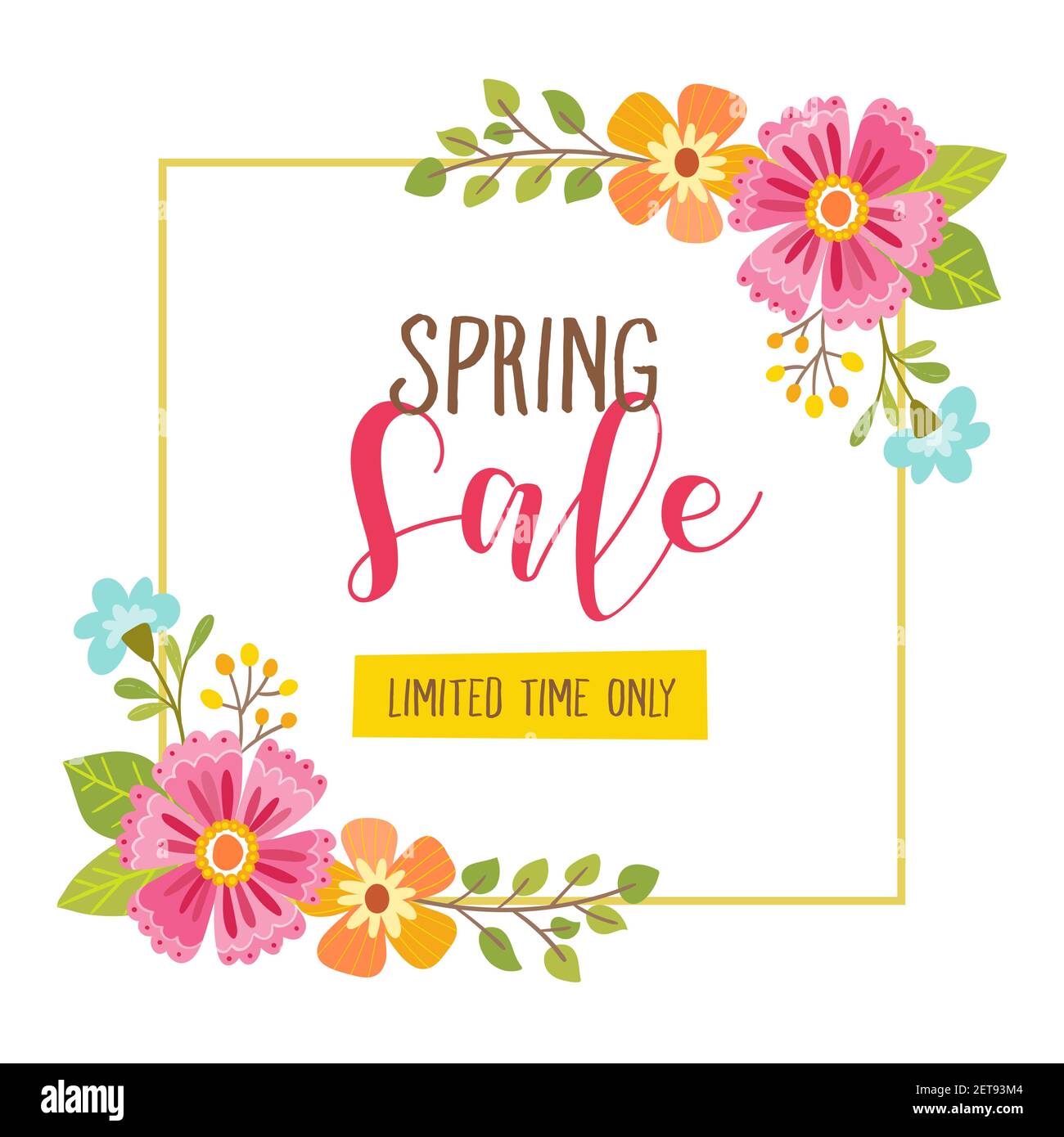 Floral spring sale card with limited time offer text included. Cute floral frame, perfect for backgrounds, cards, posters and other sale resources. Ve Stock Vector