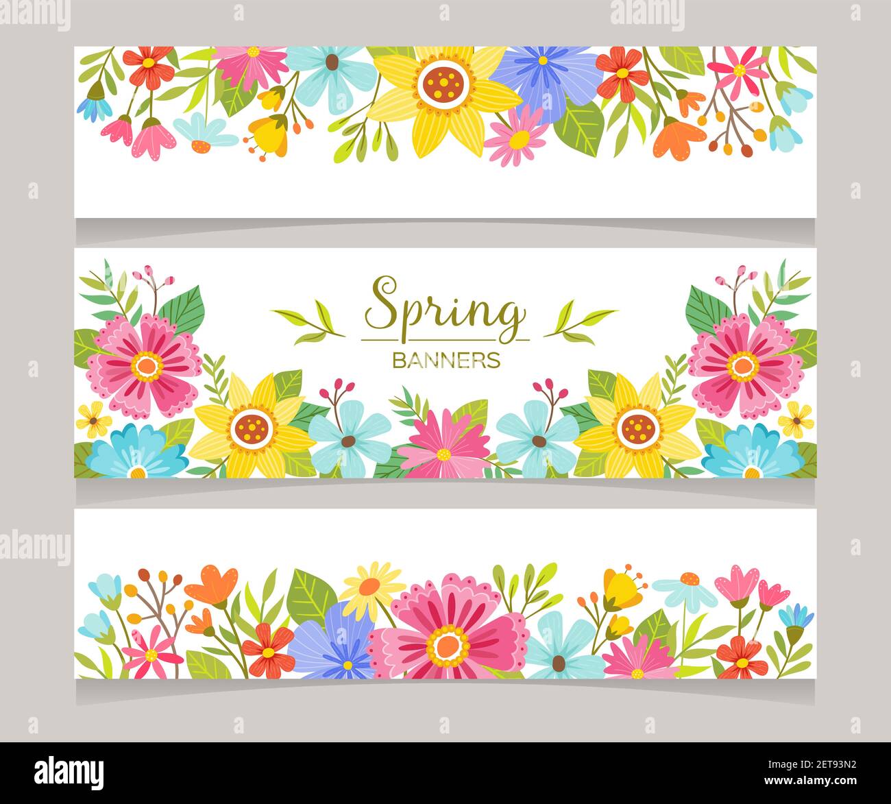 Spring horizontal banner templates with colorful flowers background. Perfect for flyers, invitations, brochures, web banners and blogs decoration. Vec Stock Vector