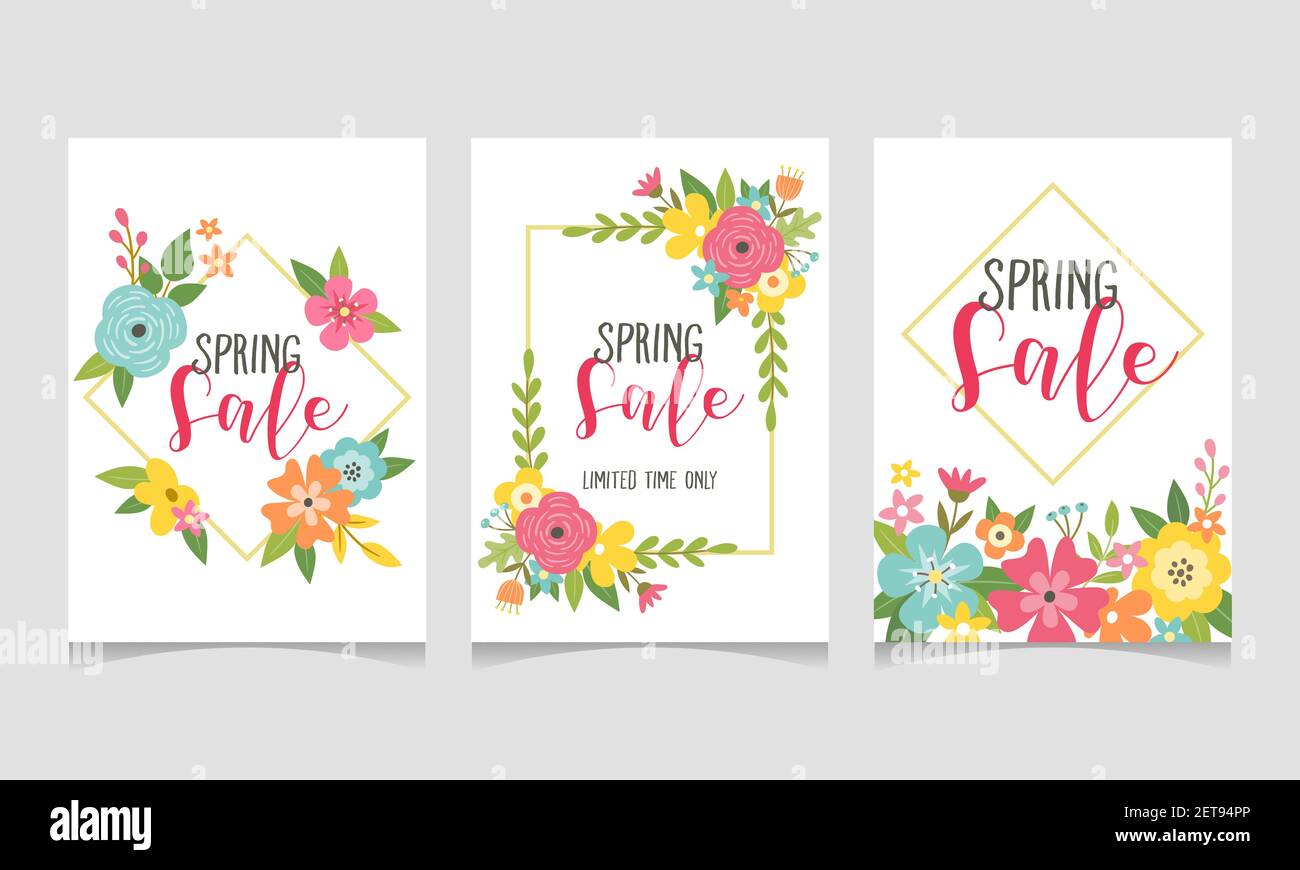 Spring sale web banner collection with beautiful colorful flowers. Perfect for your seasonal sale promotions. Vector illustration. Stock Vector
