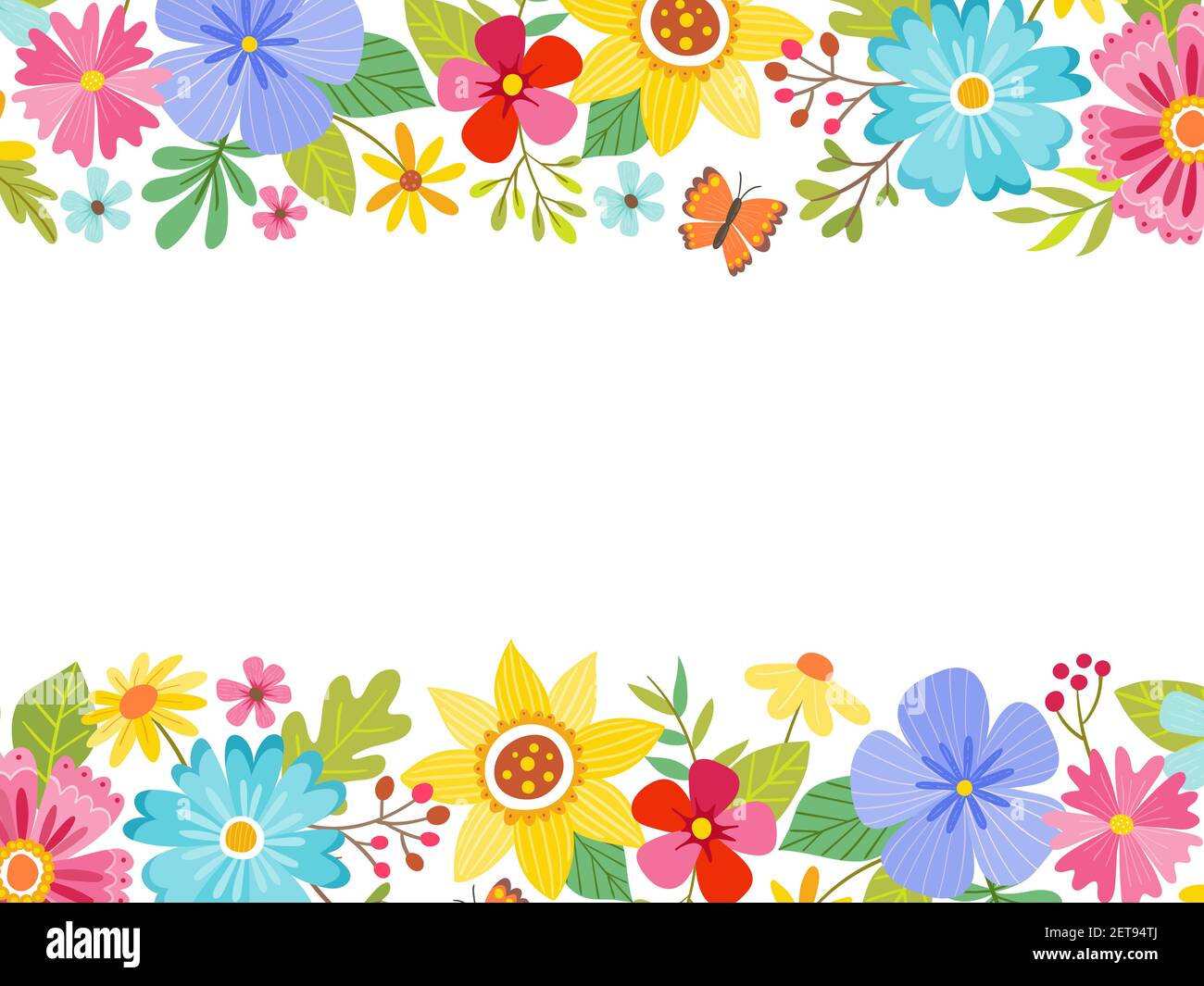 Spring landscape background full of flowers at the top and bottom, with an editable blank space in the middle. Vector illustration. Stock Vector
