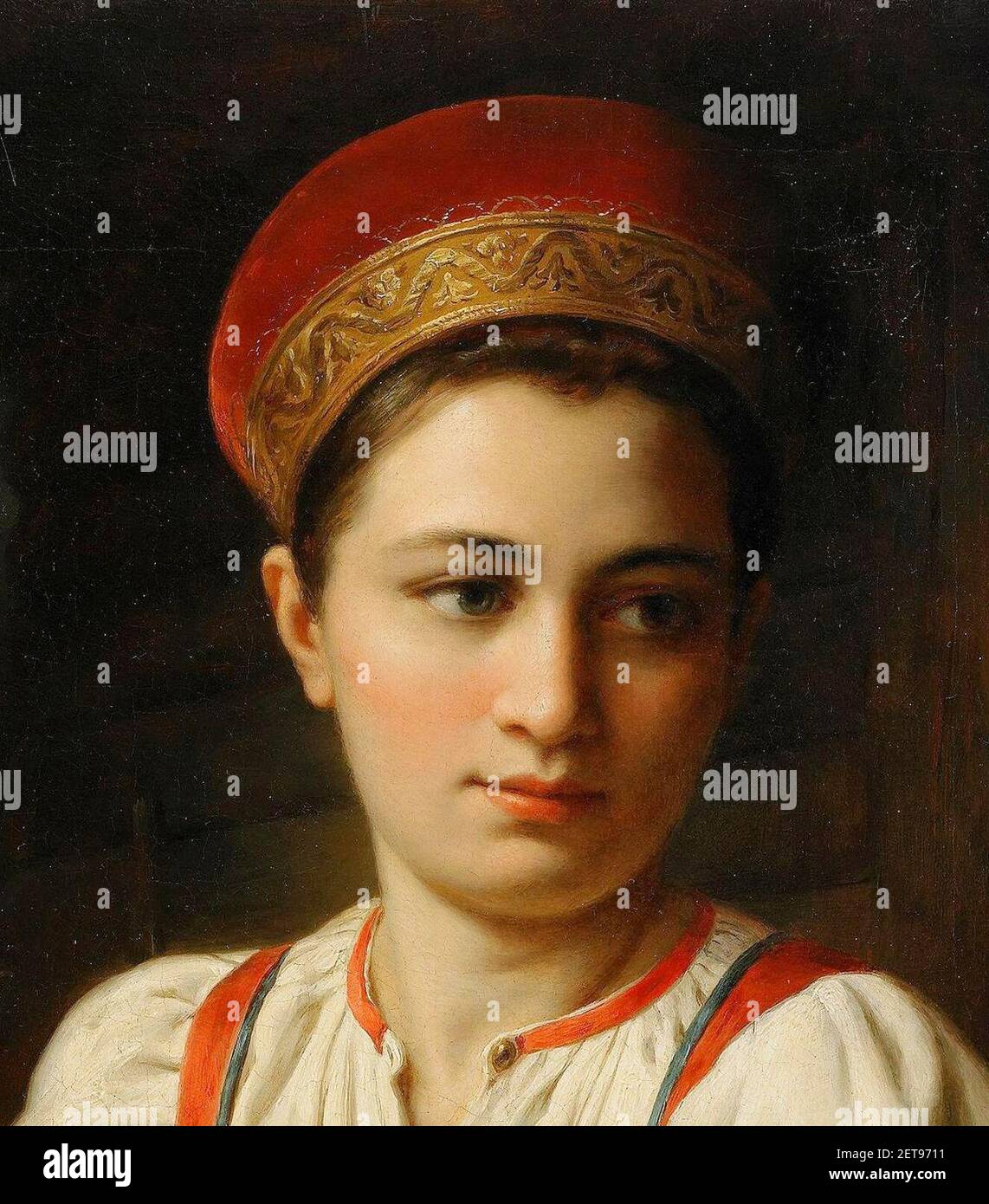 Peasant girl by anonimous (Russia, 19 c., priv.coll.) crop. Stock Photo