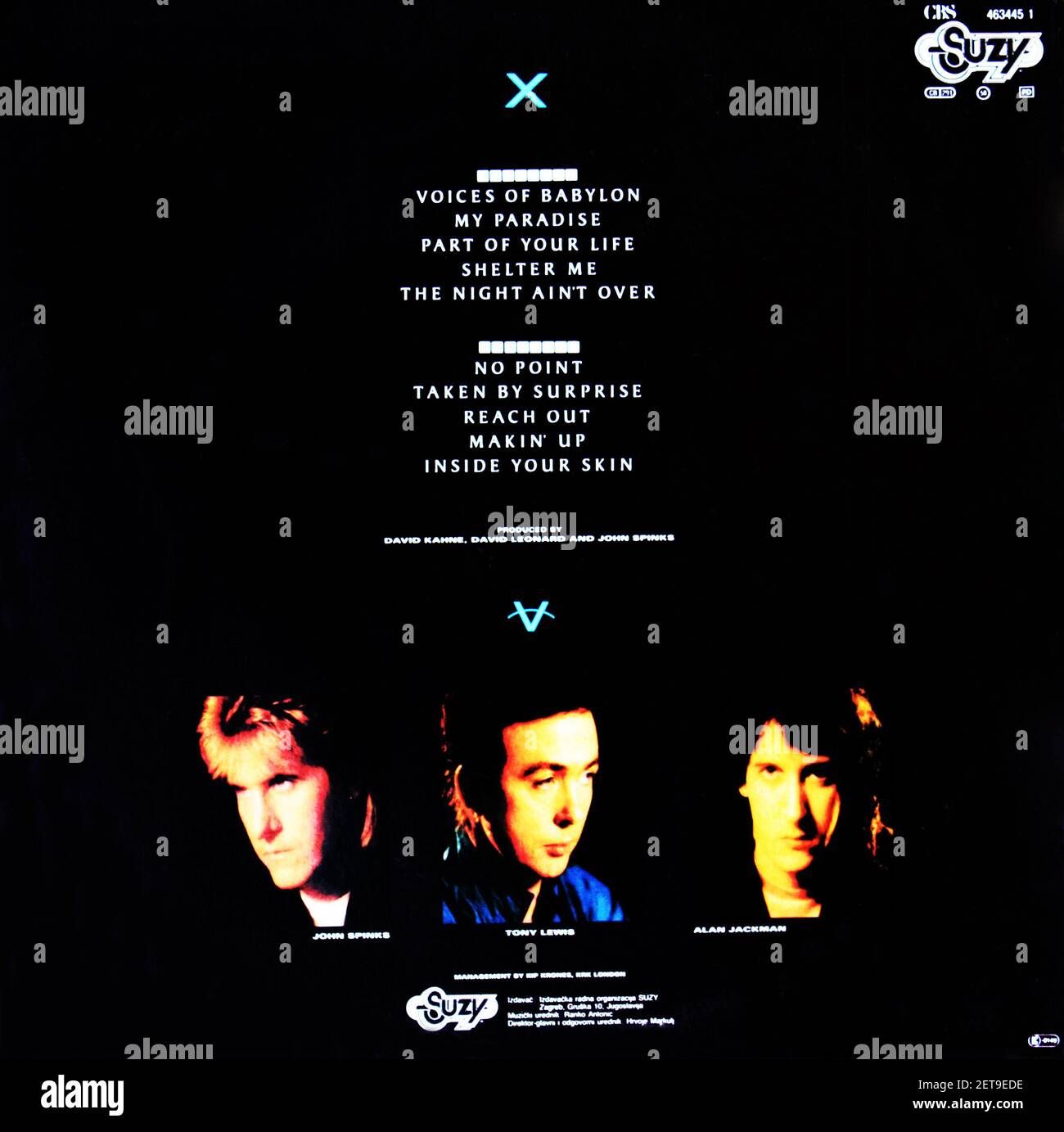 The Outfield: 1989. LP back cover: Voices Of Babylon Stock Photo