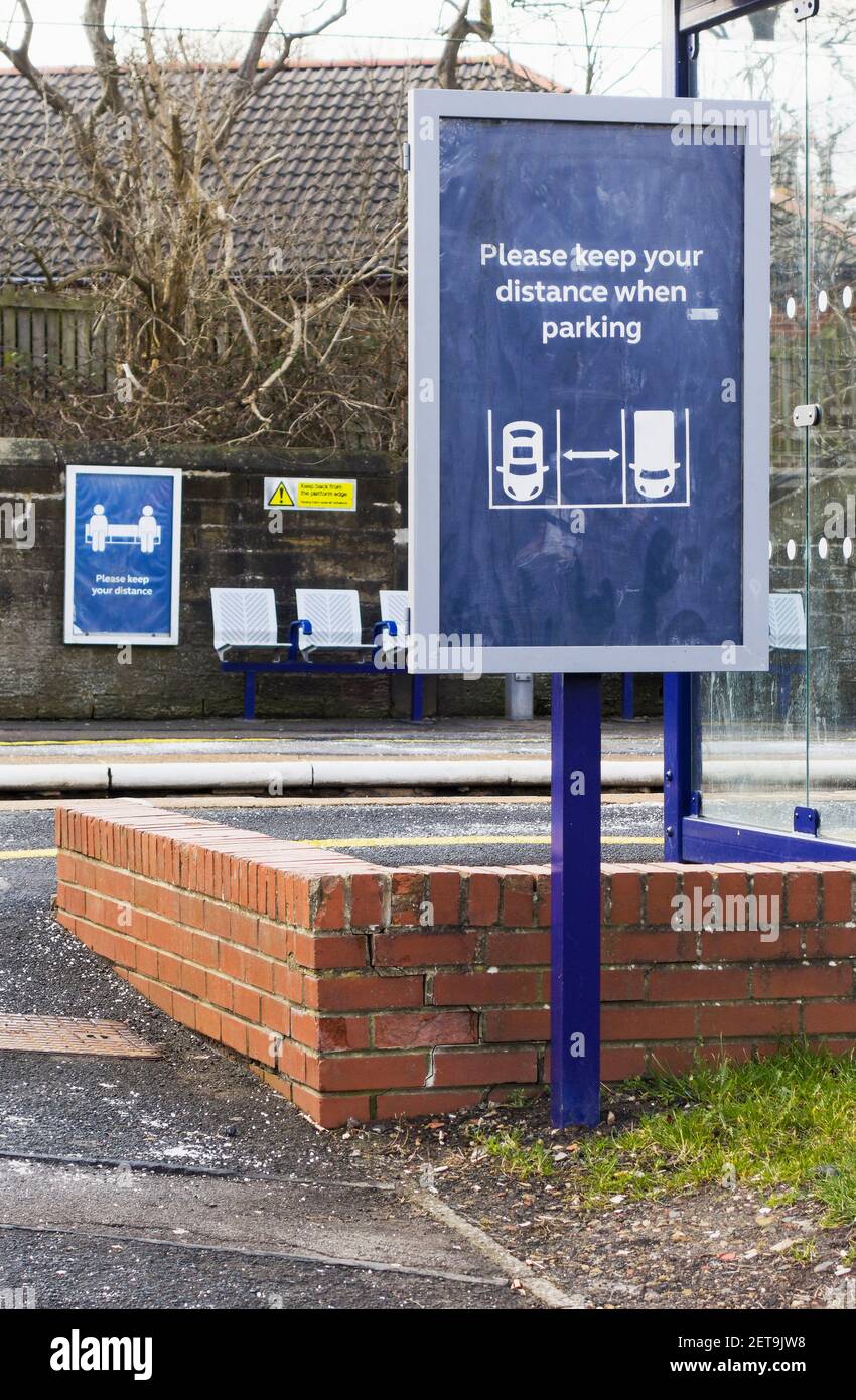 Social distancing signs at Cramlington train station in Northumberland