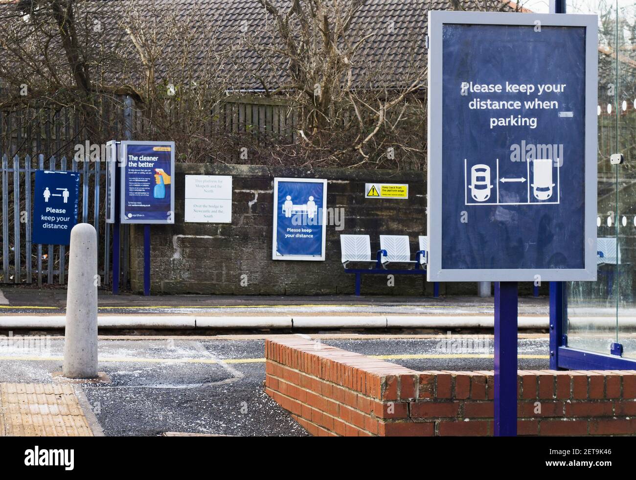 Social distancing signs at Cramlington train station in Northumberland