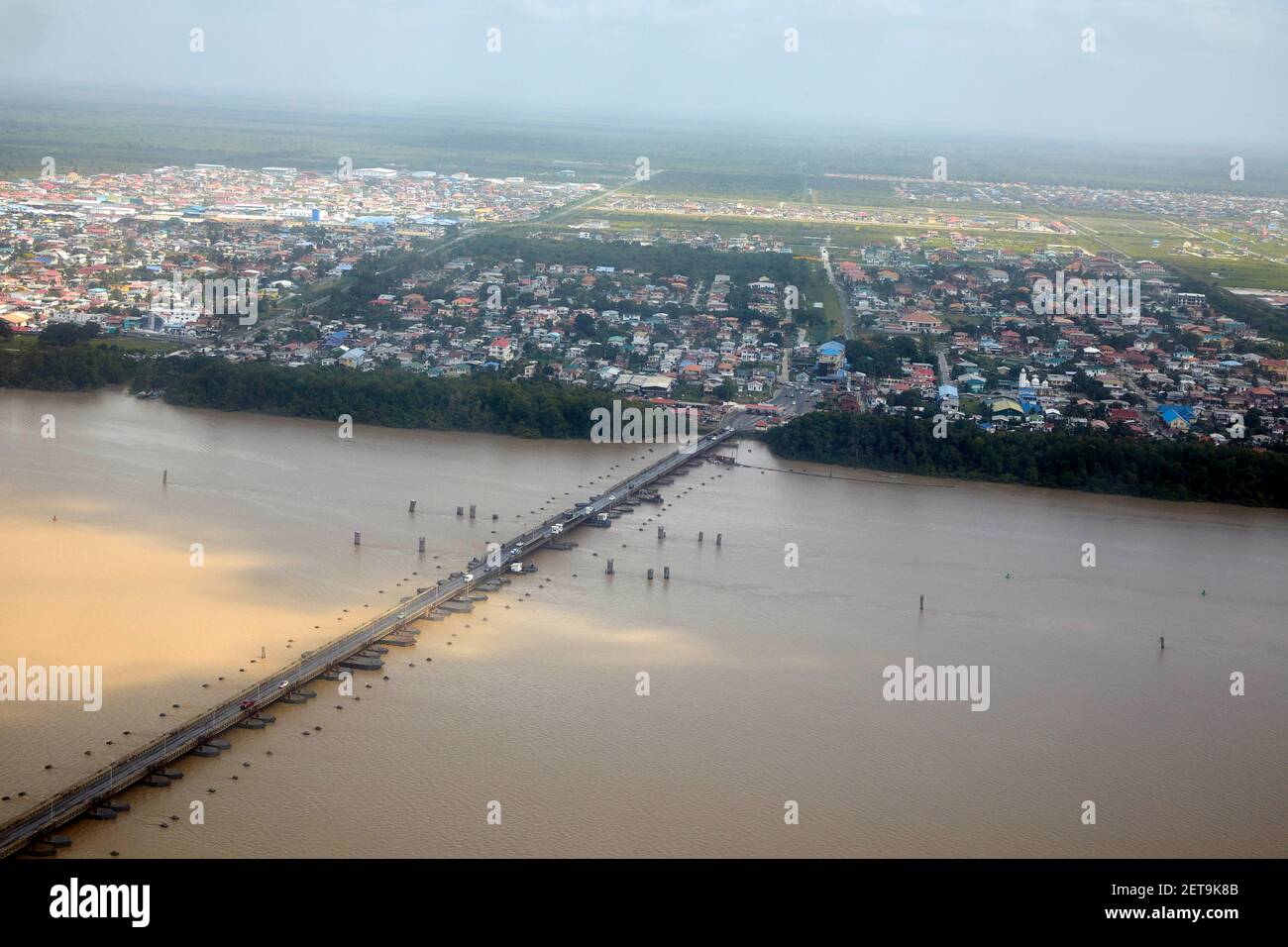 Aerial view of Demerara Harbour Bridge, pontoon bridge in Georgetown ...