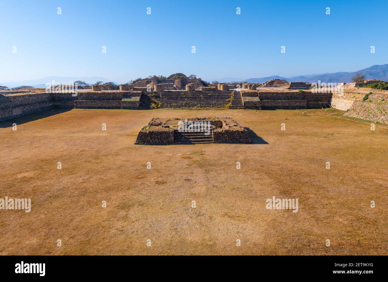 Main square of Zapotec site of Monte Alban with copy space, Oaxaca, Mexico. Stock Photo