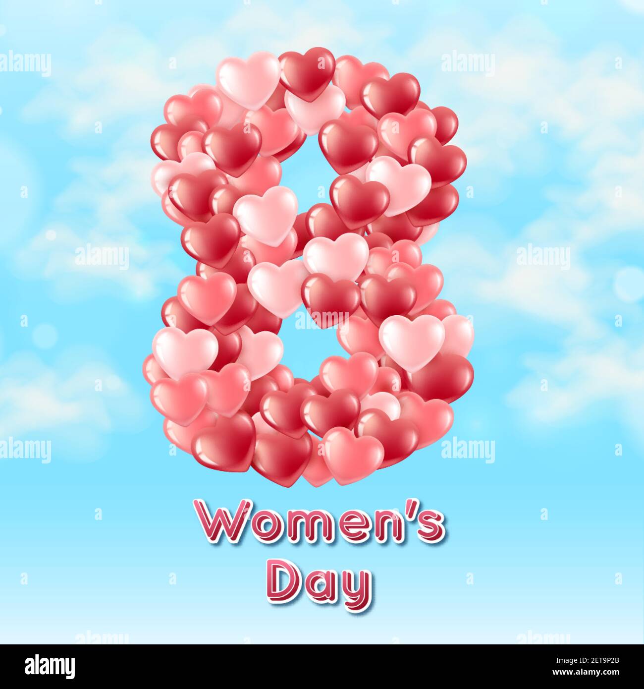 The figure eight consists of heart-shaped balloons. International women s day symbol. March 8 realistic style. Against the background of a blue sky Stock Vector