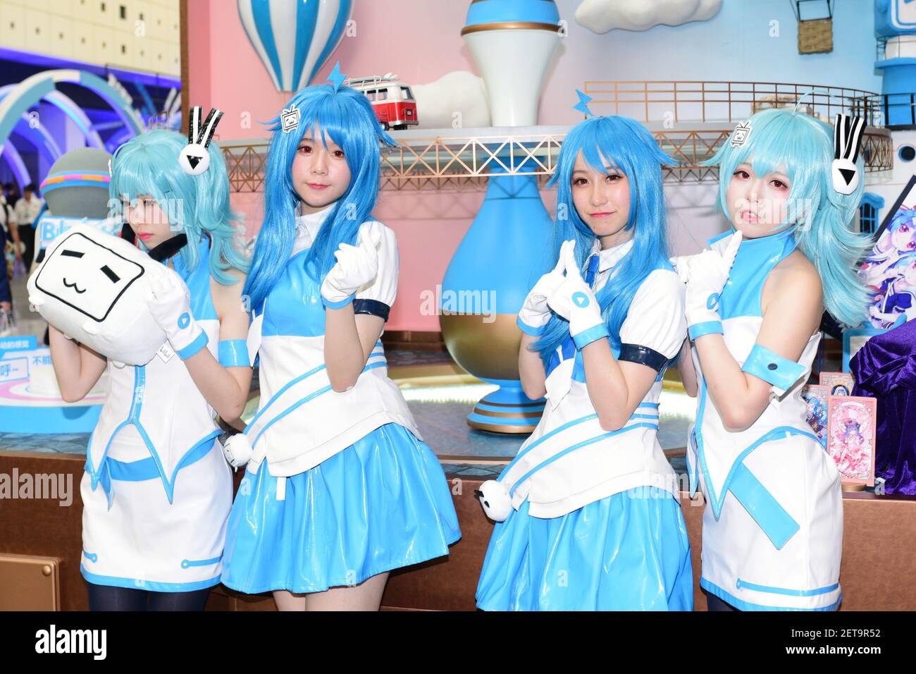 FILE--Girls cosplay various cartoon characters at the Bilibili world 2018,  an exhibition hosted by Chinese video sharing website Bilibili, which is  also known as B site, that hemed around animation, comic, and