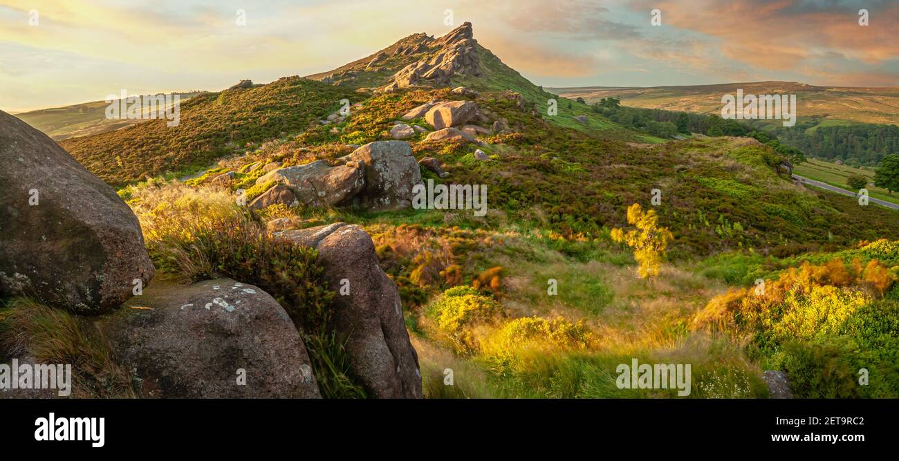 Ramshaw Rocks near The Roaches Rock Formation, Peak District, Staffordshire, England at sunset. Stock Photo