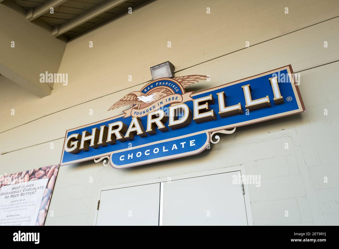 Sign with logo for iconic San Francisco gourmet chocolate company