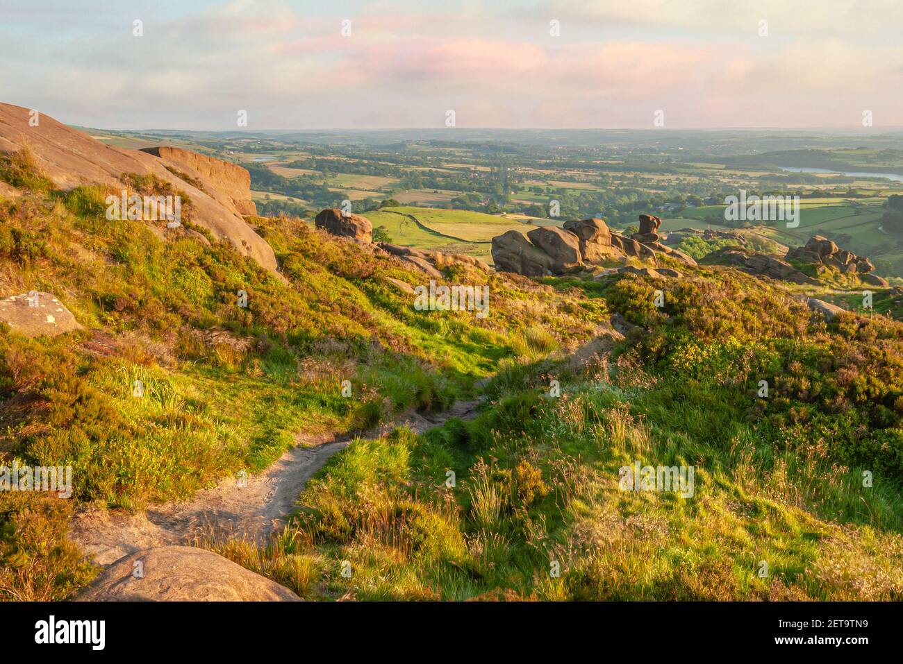 Ramshaw Rocks near The Roaches Rock Formation, Peak District, Staffordshire, England at sunset. Stock Photo