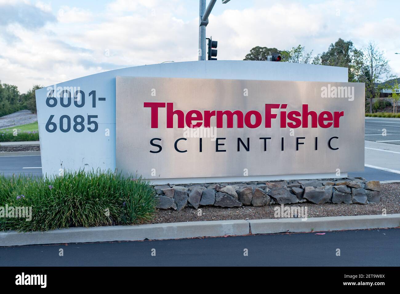 Sign and logo at the regional headquarters of biotechnology company Thermo  Fisher Scientific in Pleasanton, California, April 16, 2018. (Photo by  Smith Collection/Gado/Sipa USA Stock Photo - Alamy